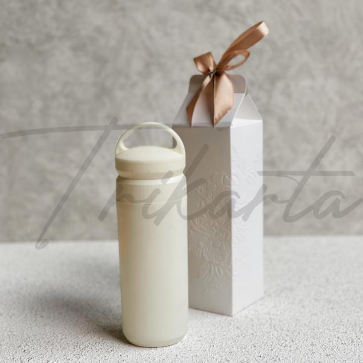 Botol Kaca Tenteng Cetak 1 Warna 1 Sisi Packing Paperbox Termos Embos Putih