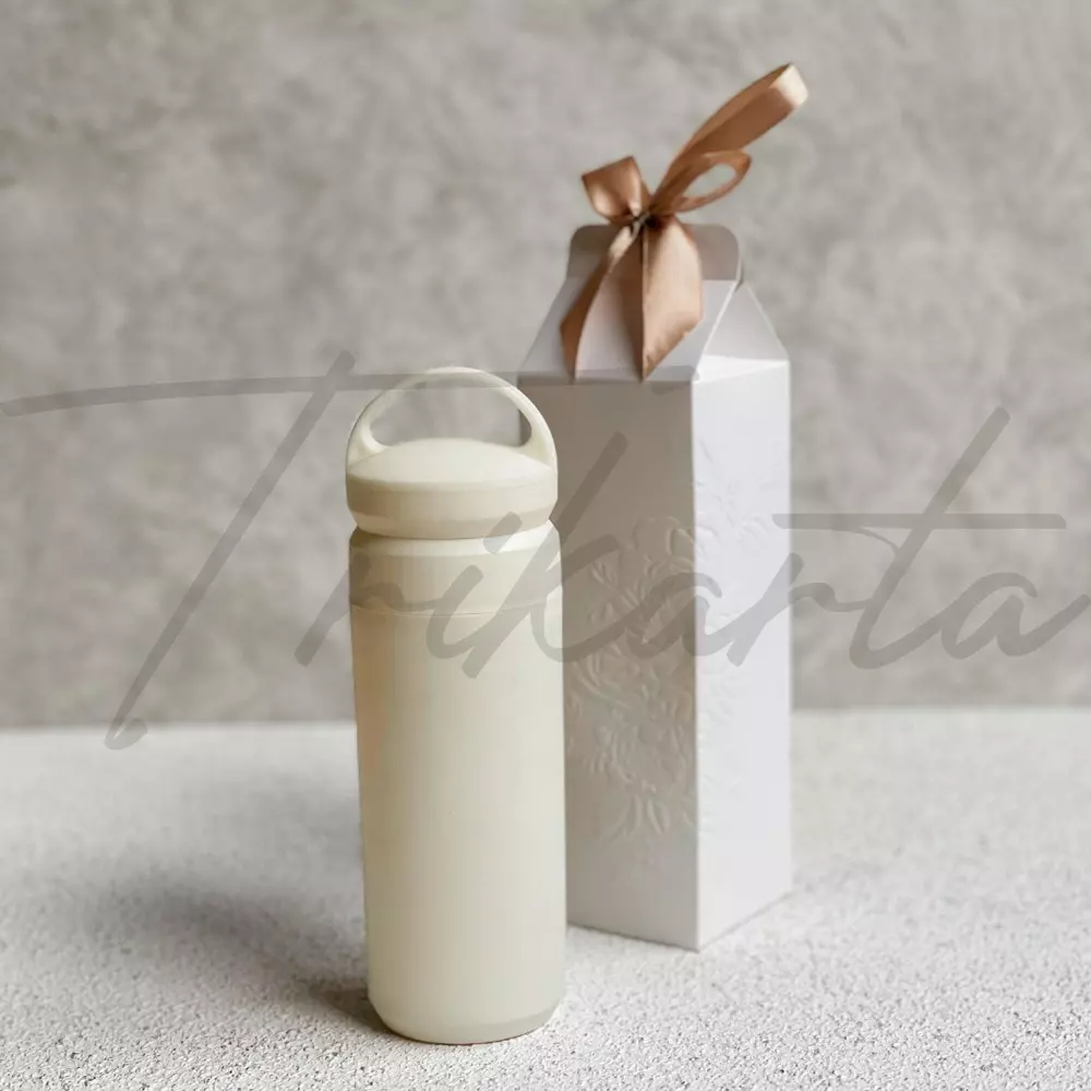 Botol Kaca Tenteng Cetak 1 Warna 1 Sisi Packing Paperbox Termos Embos Putih