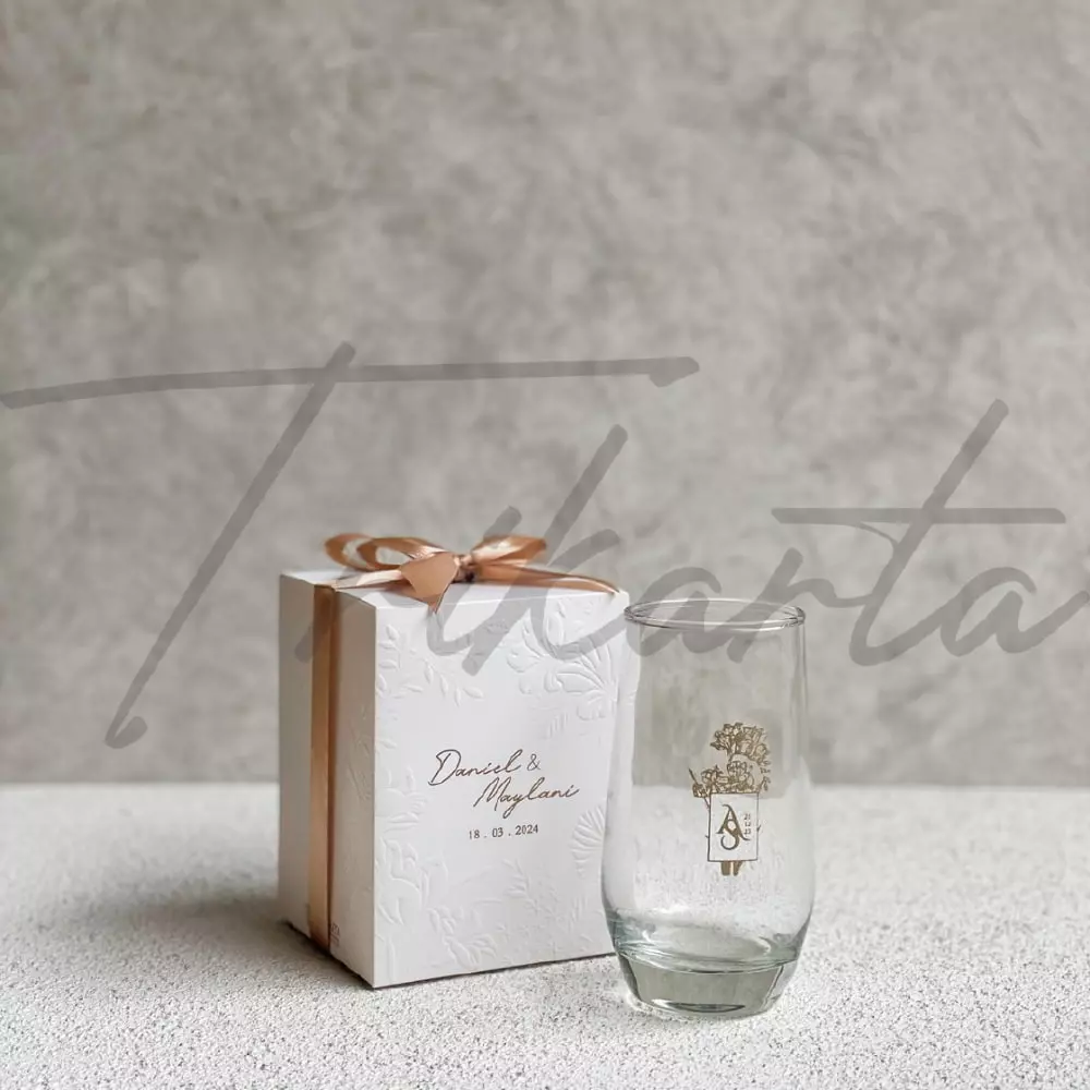 Gelas Kaca Aurora Cetak 1 Warna Packing Paperbox Mug Embos Putih