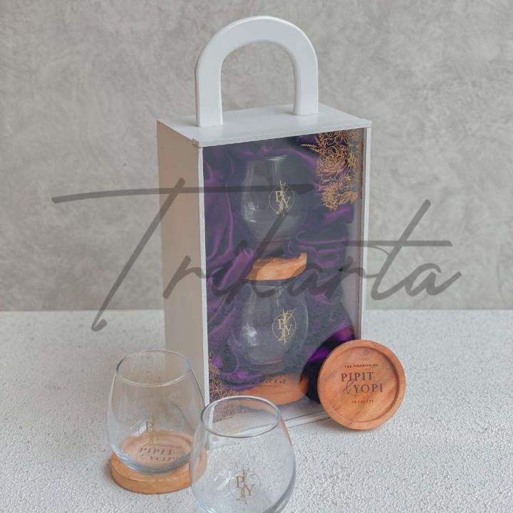 Gelas Kaca Cembung - Coaster 2 Set Packing Kayu