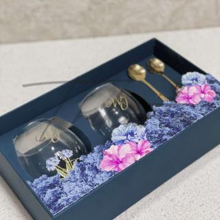 Gelas Kaca Cembung - Sendok Rose - 2 Coaster Set Packing Hardbox