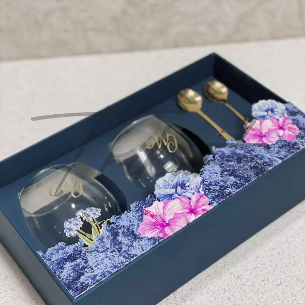 Gelas Kaca Cembung - Sendok Rose - 2 Coaster Set Packing Hardbox