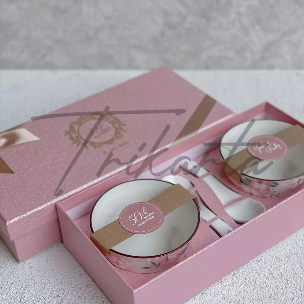 Mangkok Sendok Motif Luar Pink 2 Set